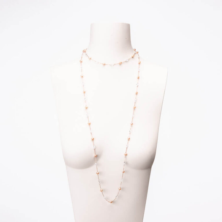 Collana lunga sottile oro rosa perle rosa zirconi 1
